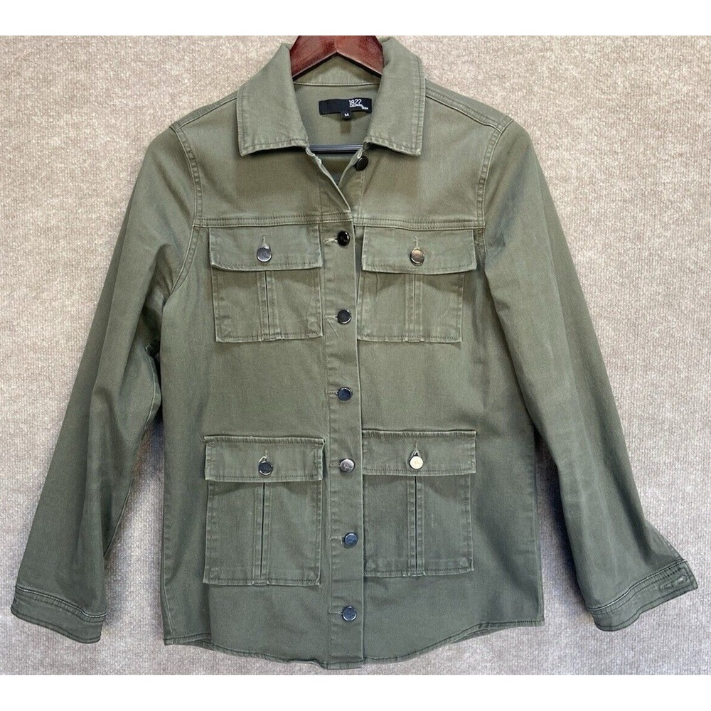 Woman Denim Jacket Jeans 1822 Olive Med Button Up Pockets Stretch Long Sleeve